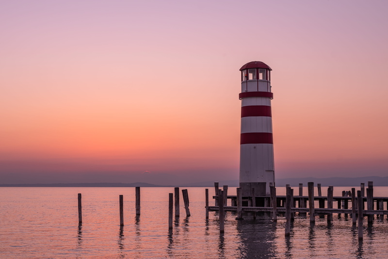 security, beauty in nature, sunset, lake neusiedl, guidance, podersdorf am see, wooden post, waterfront, lake, lighthouse, post, nature, sea, horizon over water