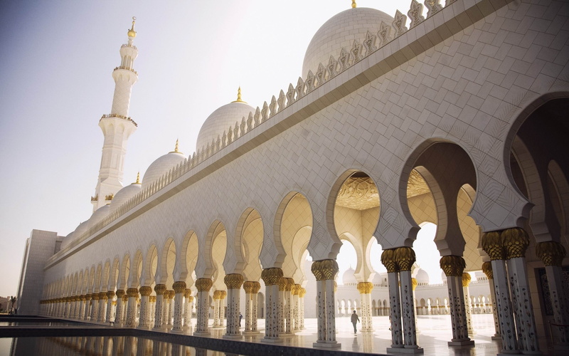 no people, mosque, dhabi, built structure, travel destinations, ornate, architecture, courtyard, sky, arch, tourism, belief, outdoors, cities, low angle view