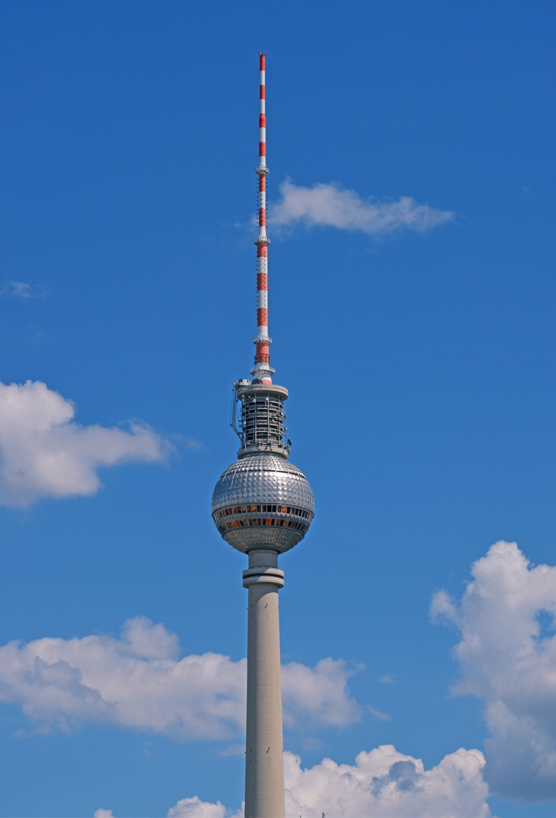office building exterior, technology, day, blue, spire, sphere, building, built structure, places of interest, city, communication, sky, berlin, skyscraper