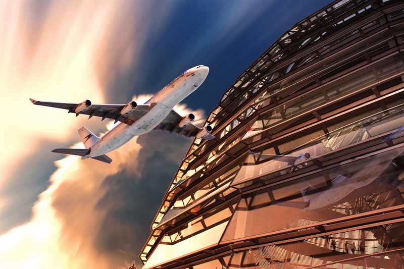 airplane, architecture, mode of transportation, journey, no people, white, on the move, space, points of interest, plane, tall buildings, low angle view