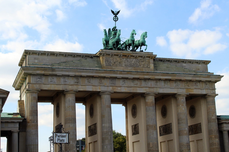 Berlin, cloud - sky, statue, human representation, Paris, representation, landmark, city gate, blue, built structure, sublime, enormous, low angle view