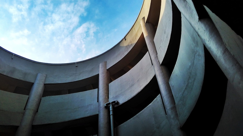 photography, cloud - sky, outdoors, flare, blue, built structure, building exterior, low, architectural column, dome, light, fisheye, pillar, observatory