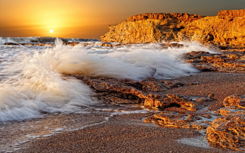 summer, rocks, sunrise - Dawn, motion, sky, beach, travel Destinations, environment, coast, sun, land, power in nature, waters Edge, disk, hot spring, scenics - nature