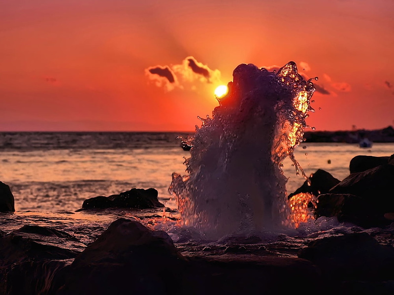 beach, splashes, dusk, coastline, motion, seascape, blue, rock, red, nature, night, sunrise - Dawn, summer, sea, outdoors, horizon over water, coast, power in nature