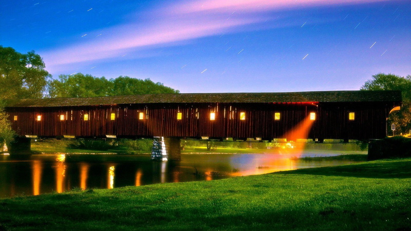 shower, covered, bridge, bridhe, lights, star, 1080P, river, nature and landscapes, stars