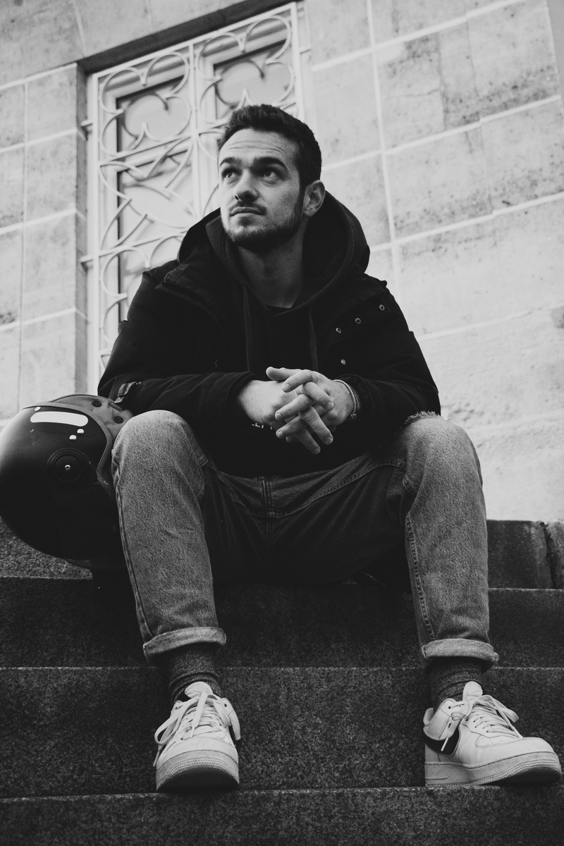 lifestyles, looking, parisian, photography, leisure activity, french, france, beard, jeans, sitting, 5K, hood - clothing, architecture, facial hair, shoot