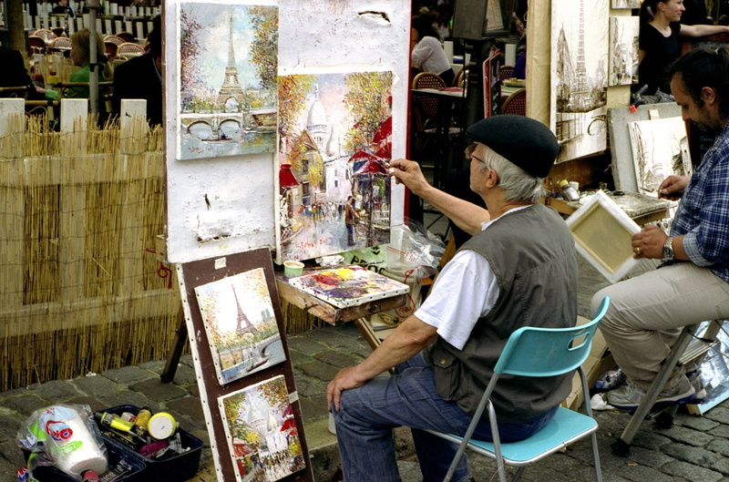 painting, paris, high angle view, business, montmartre, seated, chair, france, parisian, colorful, portrait, small business, brushes, artistic, easel, for sale