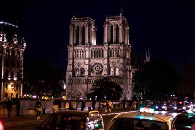 building exterior, place of worship, city, belief, parisian, cathedral, architecture, travel, night life, car, 5K, illuminated, mode of transportation
