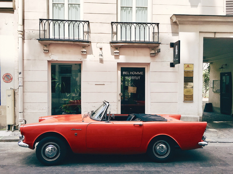 residential district, mode of transportation, vintage red, wheel, retro styled, automobile, outdoors, home decor, red car, stationary, building exterior