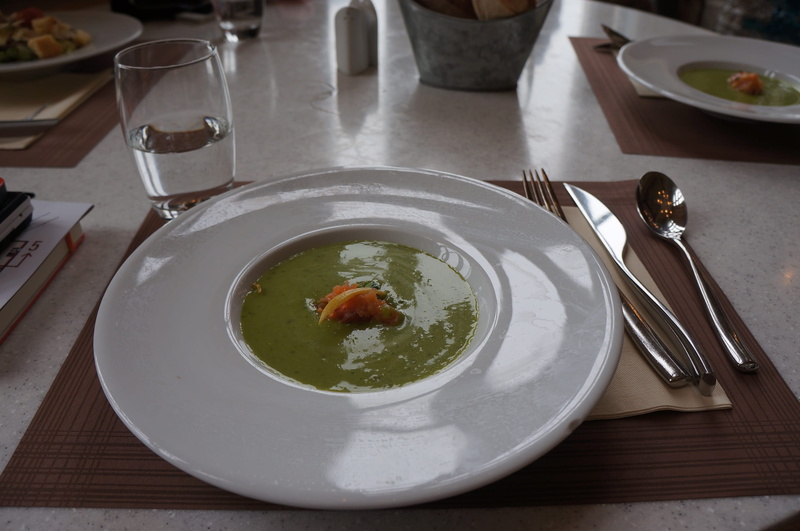 o porsche museum, soup bowl, glass, crockery, bowl, ready-to-eat, paris, no people, garnish, soup, indoors, knife, setting, meal, plate, france, spoon