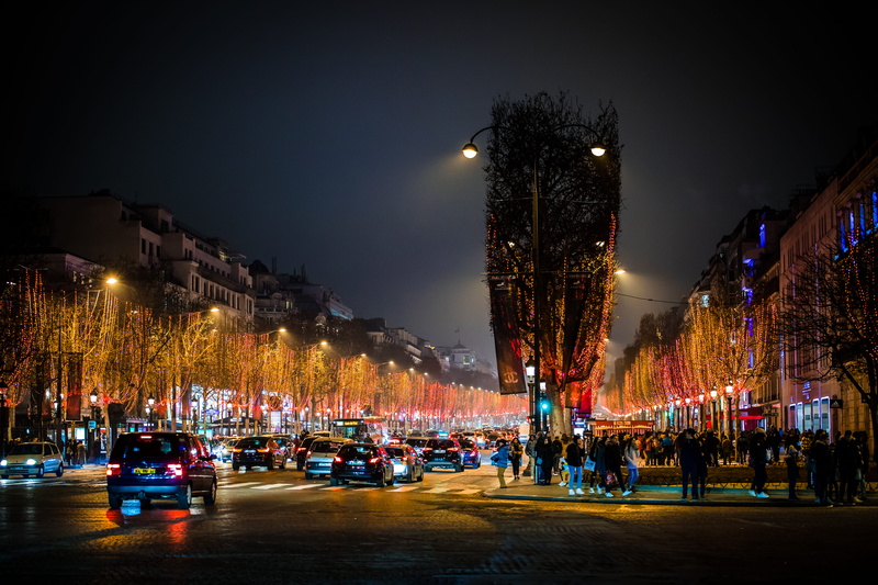 transportation, building, street, automobile, town, tree, street light, motion, france, champs elysees, people, city street, large group of people, downtown