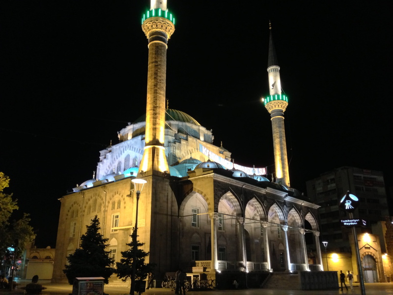 sky, blue, kayseri, building, cami, built structure, white, city, low angle view, architectural column, religion, spirituality, illuminated, dark, belief