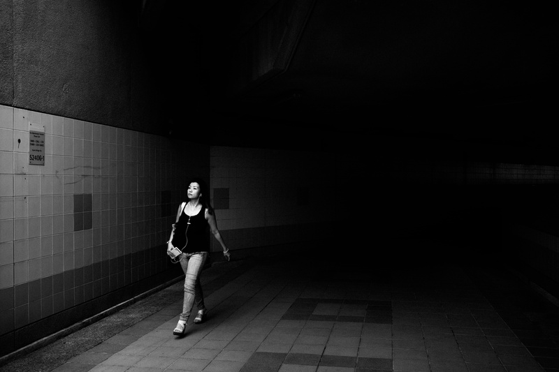 young Adult, loneliness, black Color, earphone, monochrome, tunnel, person, top, lady, lifestyles, subway Station, city Life, wall, wall - Building Feature