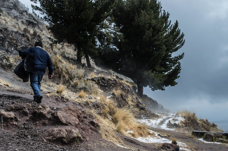 beauty in nature, nature, full length, exploration, leisure activity, tree, path, day, plant, bolivia, lake, real people, mountain, rock, titicaca, adventure