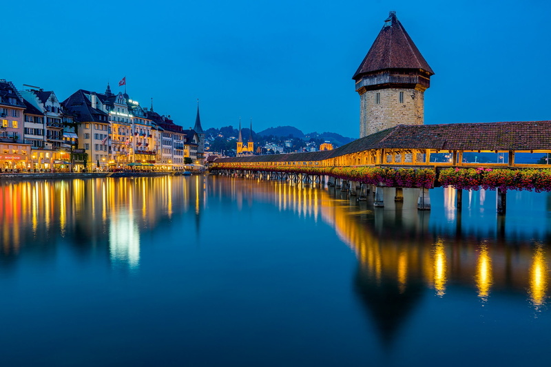 night city, Lucerne, Reuss River, tower, Tower Wasserturm, reflection, the river Reuss, river, Chapel bridge, building, 1080P, Water tower, bridge, the the Chapel bridge