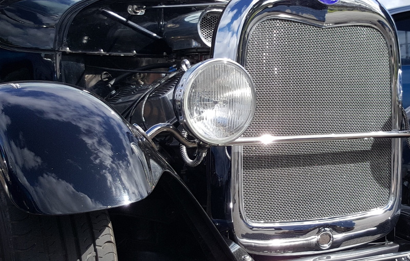 vehicle part, blue, vintage, luxury, usa, antique, shiny, oldtimer, silver colored, historically, ford, american, metal, close-up, land vehicle, no people