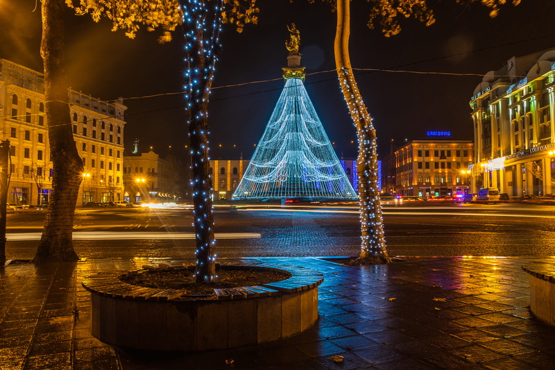 dom square, building, long exposure, night photography, illuminated, city, night, christmas decoration, georgia, outdoors, fuji xe2, architecture, hanging