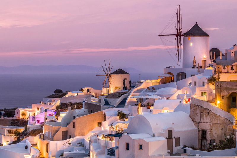 sunset, town, house, architecture, belief, illuminated, religion, roof, clouds, sea, travel destinations, place of worship, residential district, Santorini