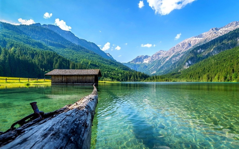 Boathouses, summer, mountain, austria, Daylight, Log, lake, nature, water, forest, landscape, 720P