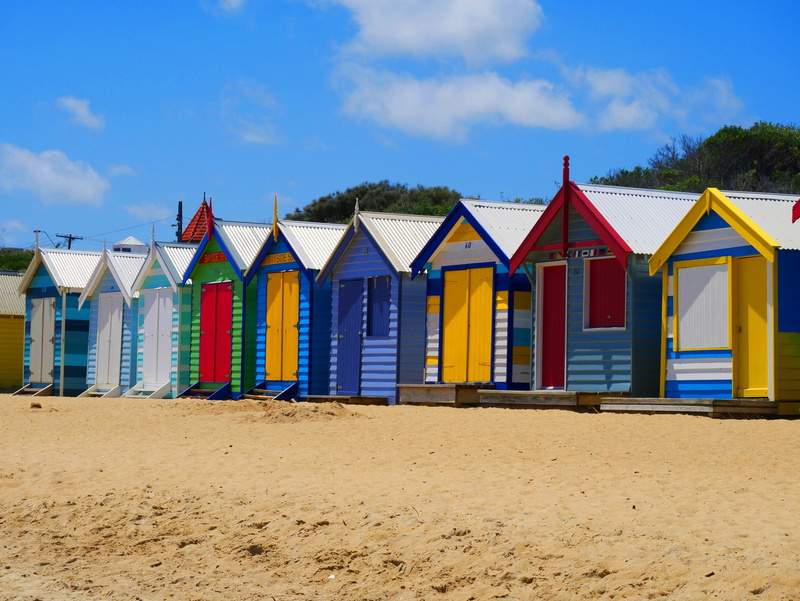 hut, land, beach, cloud - sky, yellow, scenic, brighton, sand, water, sea, no people, outdoor, coast, scenics - nature, houses, beachhouse, coastline, wooden