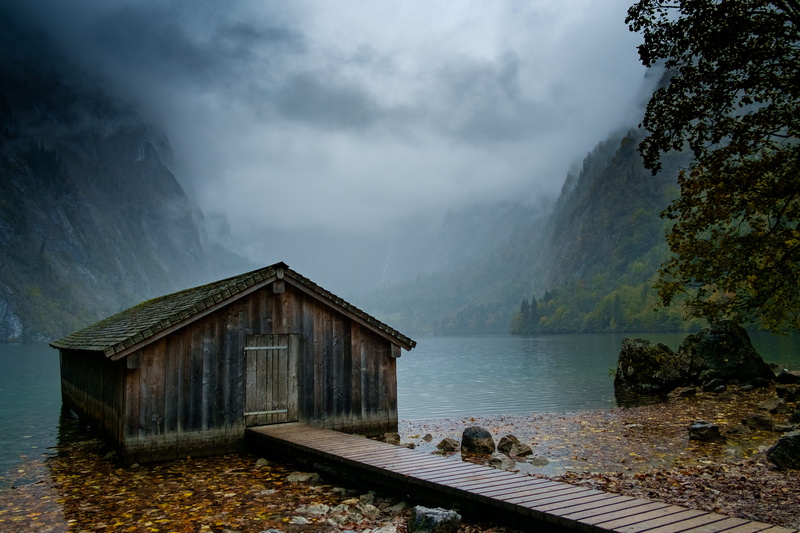 boathouse, tranquil scene, cloudy, top, fog, architecture, outdoors, scenics - nature, photo, no people, sky, house, wood - material, cloud - sky, plant