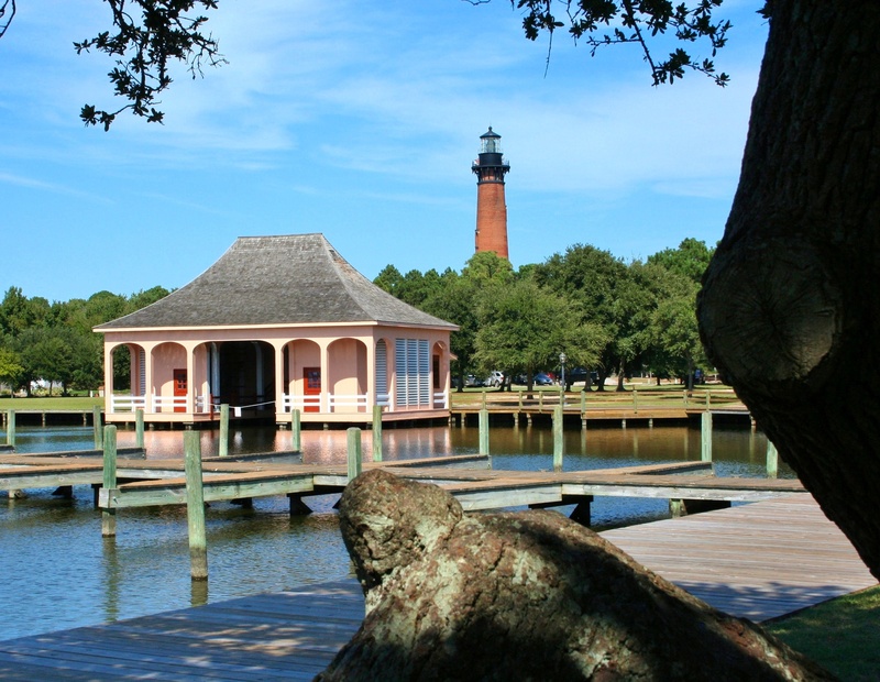 day, dock, tree, plant, outdoors, waterfront, cloud - sky, reflection, 2K, lake, pier, nature, small craft harbor, boathouse, water, currituck, lighthouse
