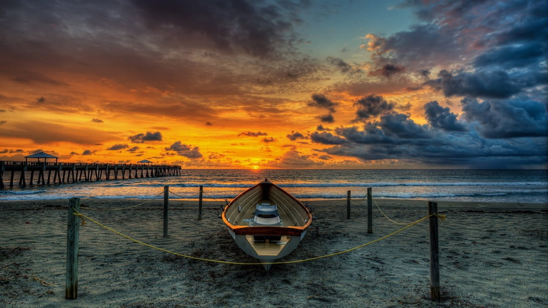 vacation, scenics - nature, fisherman, beauty in nature, sunset, river, 1080P, nature, small boat, sea, beach, peaceful, island, orange color, tourism