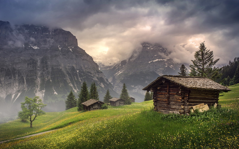 cabin, shed, mountains, nature, 2K, hd, grass, clouds, trees