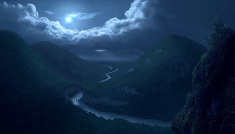 digital, art, 1080P, nature, mountains, clouds, night, rivers, trees, valley, moon, reflection, sky, forest, landscapes, woods