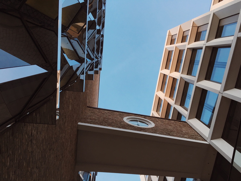 directly below, window, wood, low angle view, office building, architecture, glass - material, triangle, technology, ulm, condo, rural, clear sky, 4K