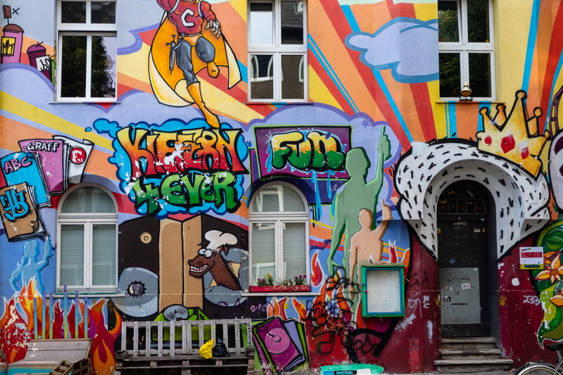 pine street, building exterior, multi colored, art form, communication, painted, art, building, flingern, wall, 5K, animal representation, frescos, creativity