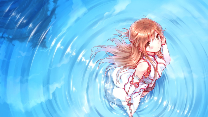 anime girls, lifestyles, swimming pool, anime, young adult, outdoors, long hair, floating on water, nature, one person, day, blue, manga, pool, water, hair