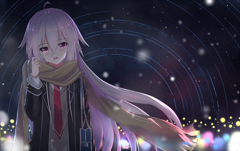 long hair, tears, indoors, human representation, front view, looking at camera, Anime, 720P, portrait, art and craft, one person, illuminated, night, vocaloid