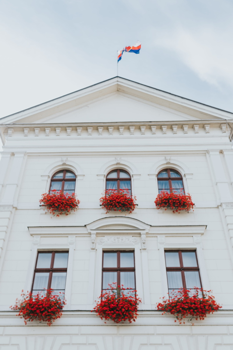 facade, vintage, Bydgoszcz, potted plant, tenement house, outdoors, flag, 2K, flower, history, red, nature, building Exterior, window, no people, Architecture