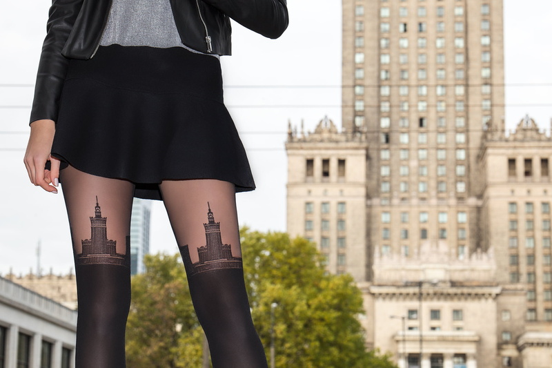 leather jackets, women outdoors, Palace of Culture and Science, model, legs, tights, capital, trees, Warsaw, miniskirt, women, Polish, Poland, building