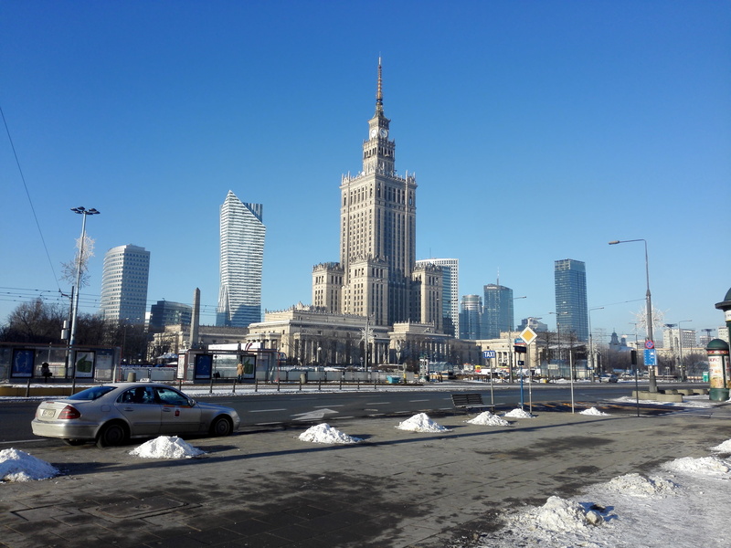 architecture, office building exterior, the centre of, the city centre, asphalt, nature, skyscraper, warsaw, no people, outdoors, winter in poland, sky