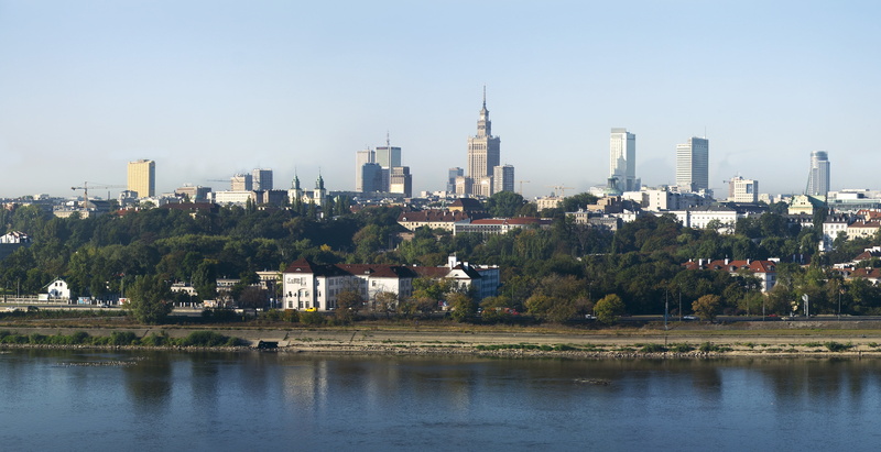 waterfront, cityscape, poland, building exterior, office building exterior, architecture, nature, clear sky, river, 4K, financial district, sky, palace of culture