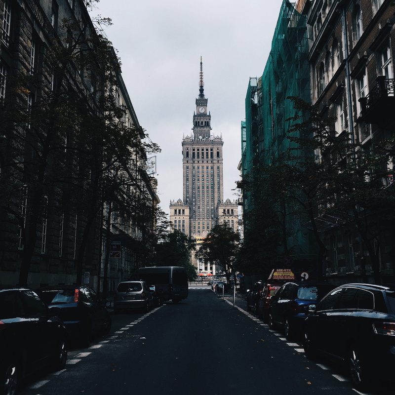 built structure, building, mode of transportation, incidental people, the way forward, spire, palace of culture and science, architecture, street, car