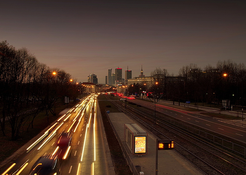skyscrapers, motion, illuminated, building exterior, traffic, transportation, view, architecture, high angle view, warsaw, 4K, street, street light, road