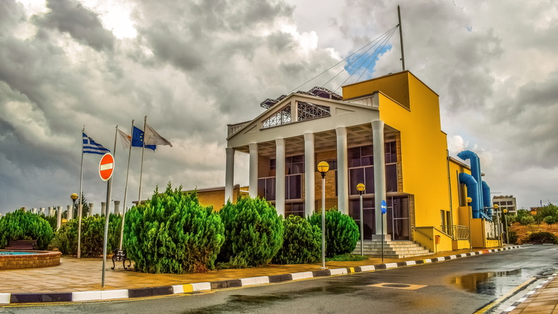 dherynia, city, office building exterior, day, street, modern, 5K, flag, tree, cyprus, facade, building, nature, plant, cloud - sky, contemporary, transportation