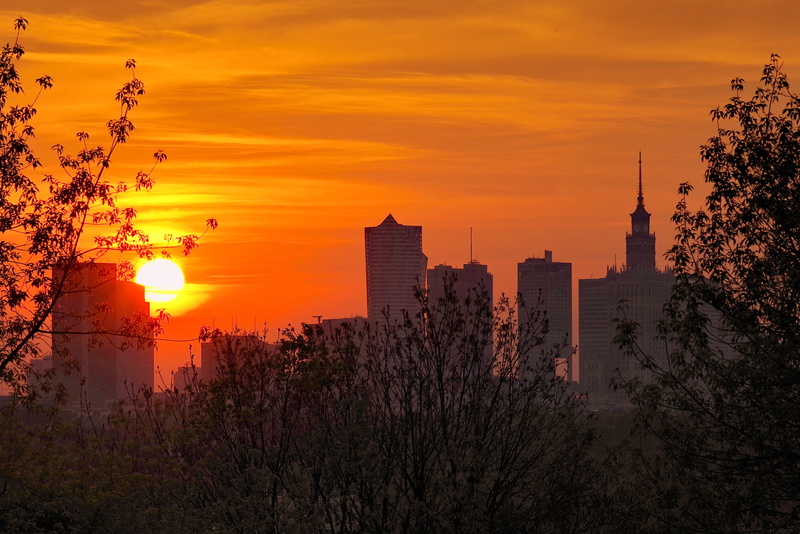 glow, dark, orange, Skyscrapers, poland, sun, evening, buildings, financial district, the capital of the, travel destinations, view, superstructure, building
