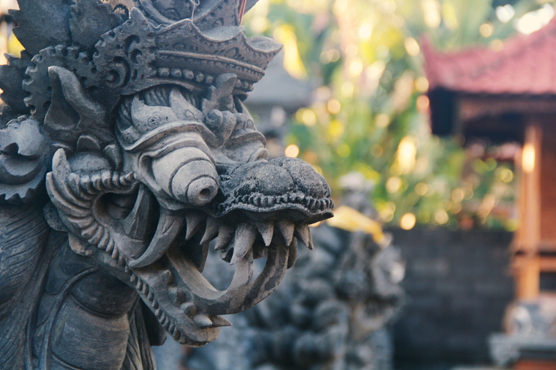 ornate, dencarik, mask, representation, indonesia, religion, outdoors, balinese, mythology, focus on foreground, statue, building, craft, sculpture, close-up