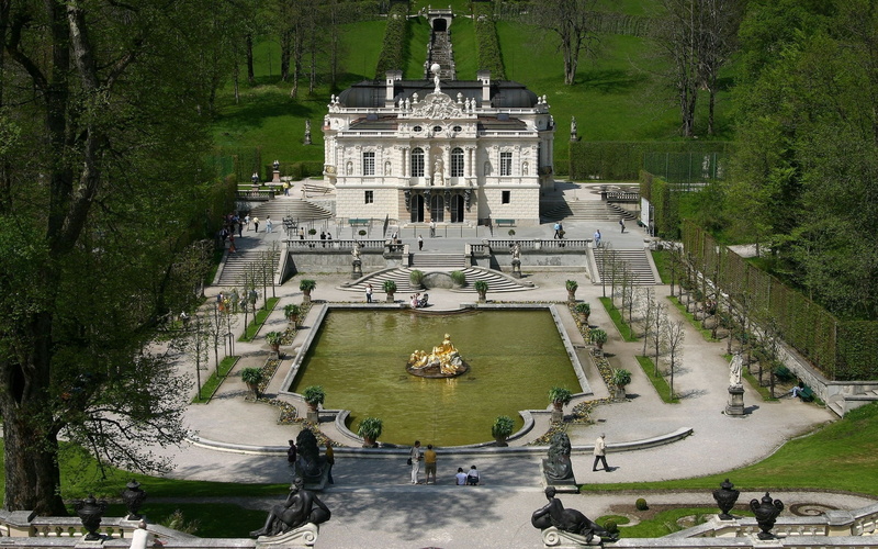 building, concrete, white, fountains, linderhof, bavaria, park, 2K, trees, sculptures, castles, castle