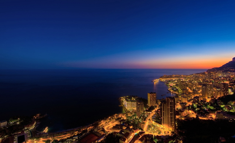 skyscraper, blue, sea, monte, 1080P, monaco, building, residential district, office building exterior, building exterior, illuminated, nature, City, copy space