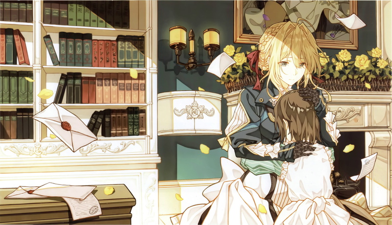 yellow roses, 4K, Violet Evergarden, library, two girls, books, wardrobe, in the room, the envelope, sconce, dant, Warm Light, letters, hugs