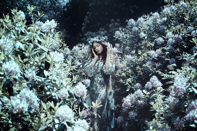 girl, Bella Kotak, 1080P, While you are here, dress, Joy Draiki, the bushes, mood, rhododendrons
