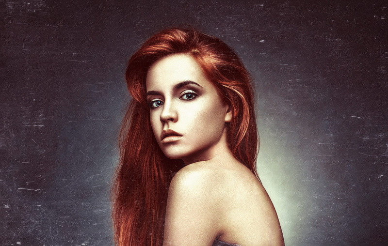 women, 1080P, looking at viewer, portrait, long hair, simple background, Ilya Novitsky, redhead, bare shoulders