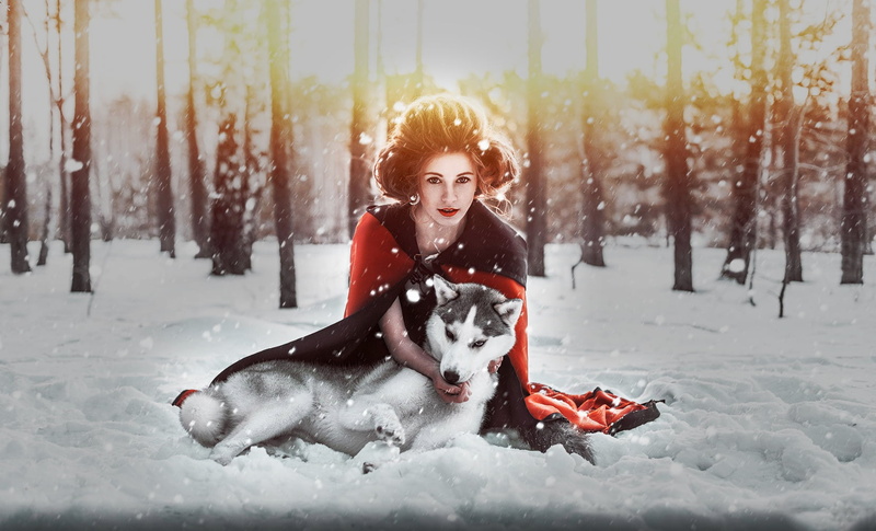 women, Red Hood, sun rays, snow, trees, 720P, Ilya Novitsky, winter, wolf
