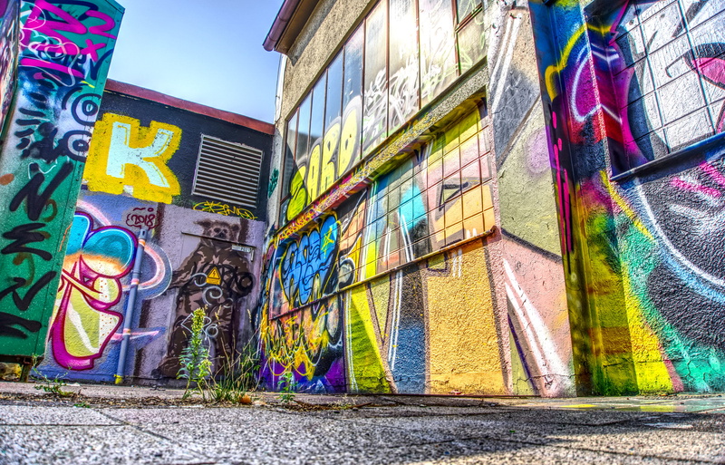 footpath, multi colored, paint, street, sidewalk, high dynamic range, wall - building feature, built structure, broken, shabby, mural, color, sprayer, 5K