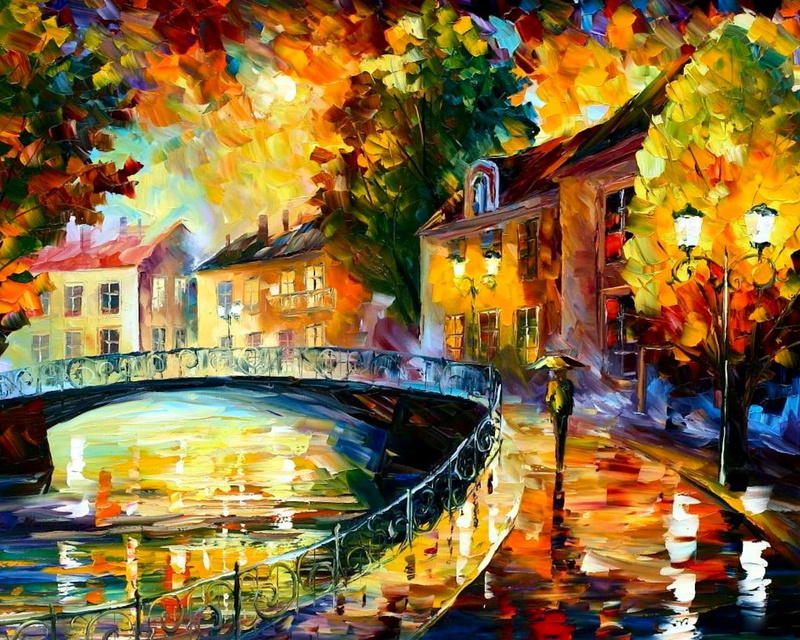 arch bridge, acrylic Painting, water, famous Place, reflection, mode of transportation, rain, canal, cityscape, plant, decoration, cultures, city, multicolored
